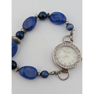 Geneva Watch Women 27mm Silver Case 7.5"‎ Blue Beaded Band- New Battery